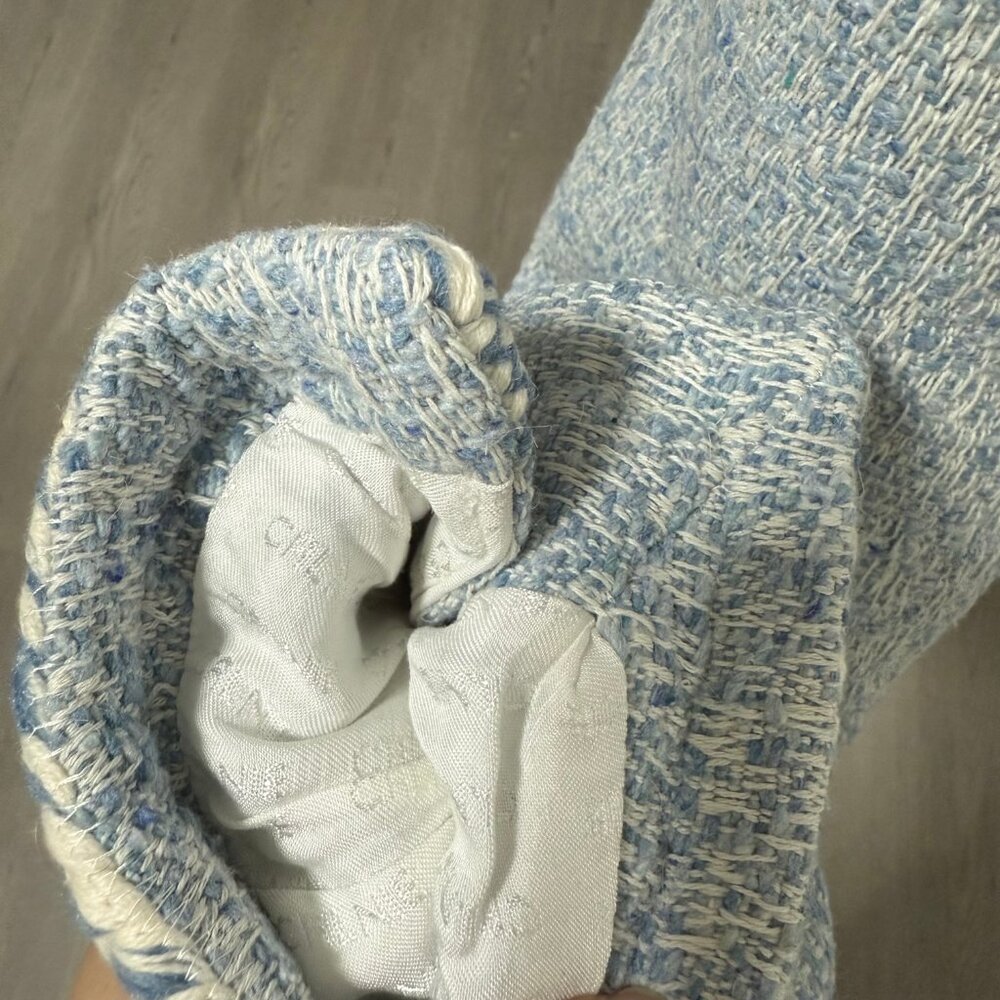 CELINE  baby blue white wool cotton boucle tweed trim jacket - Picture 6 of 9